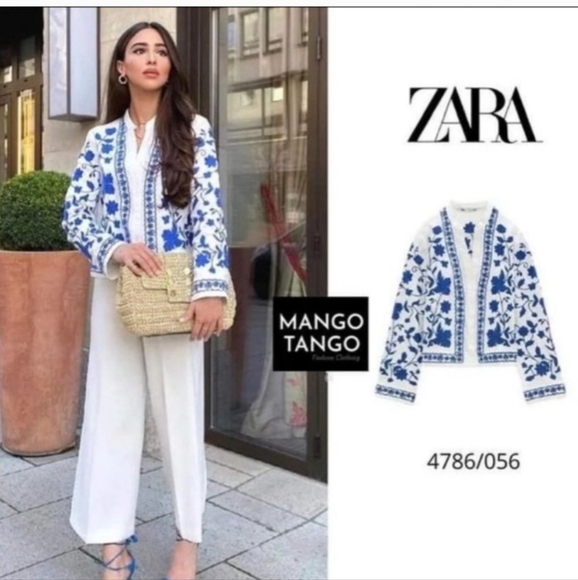 Zara Jackets & Blazers - Women's Zara White Blue Embroidered Button Down Jacket XL Blogger Favorite